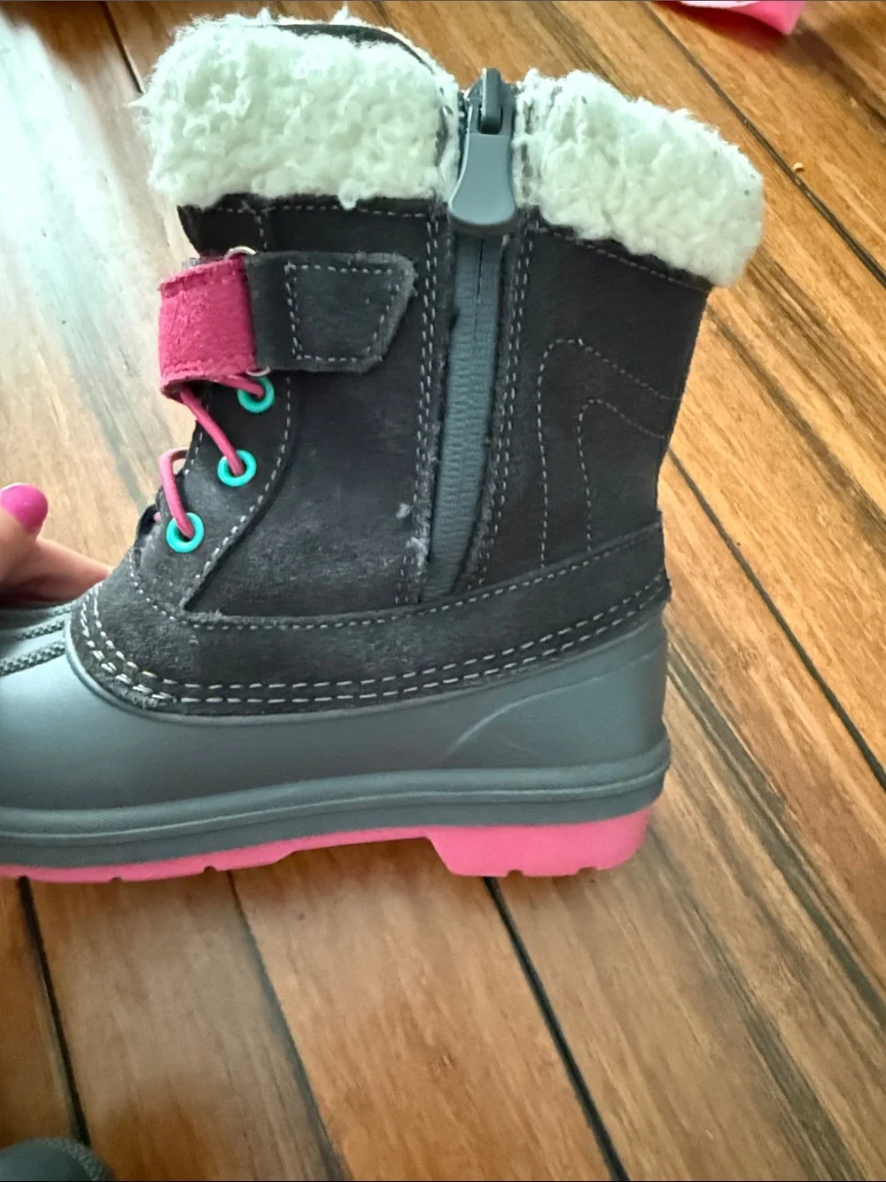 Kids Winter Boot with Pink Accent - Faux Fur Lined
